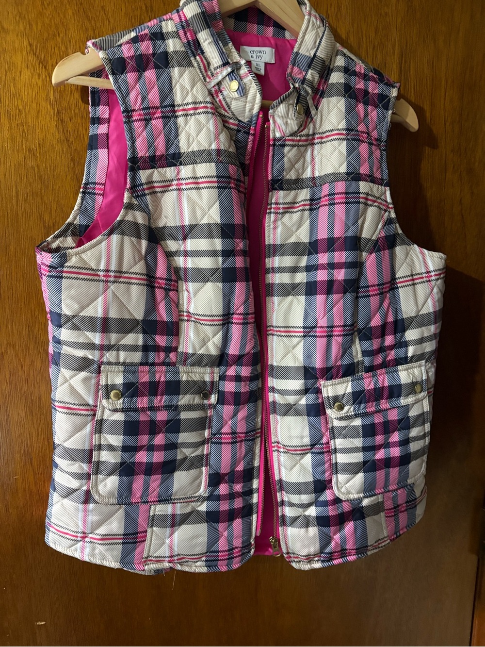 crown & ivy Girls Pink Plaid Quilted Vest